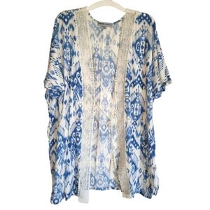 XL Absolutely Famous Blue and White Relaxed Short Sleeve Kimono Coverup